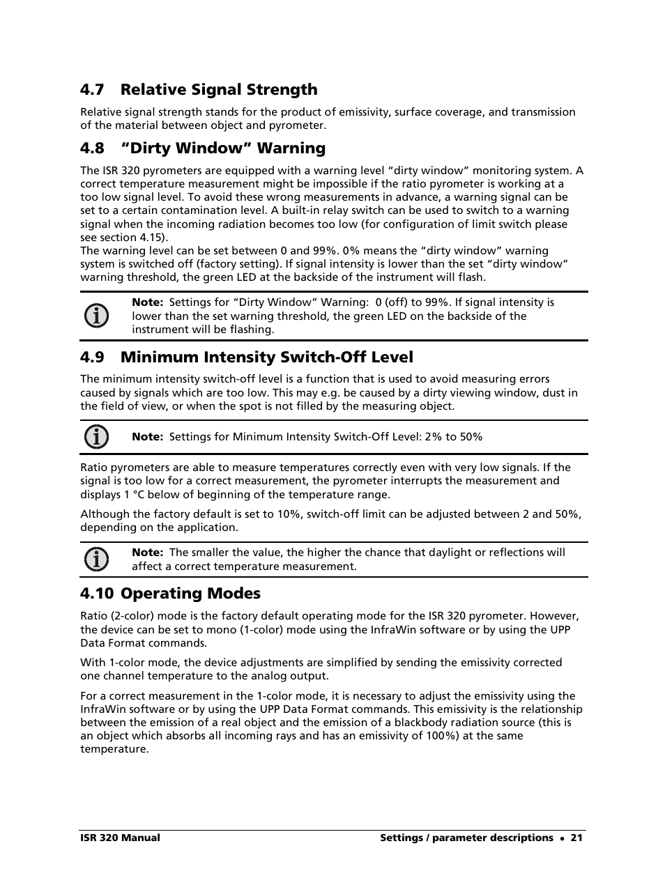 7 relative signal strength, 8 “dirty window” warning, 9 minimum intensity switch-off level | 10 operating modes | LumaSense Technologies ISR 320 User Manual | Page 21 / 46