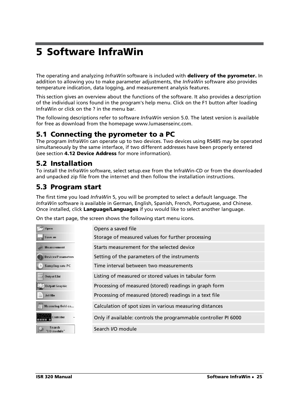 5 software infrawin, 1 connecting the pyrometer to a pc, 2 installation | 3 program start | LumaSense Technologies ISR 320 User Manual | Page 25 / 46