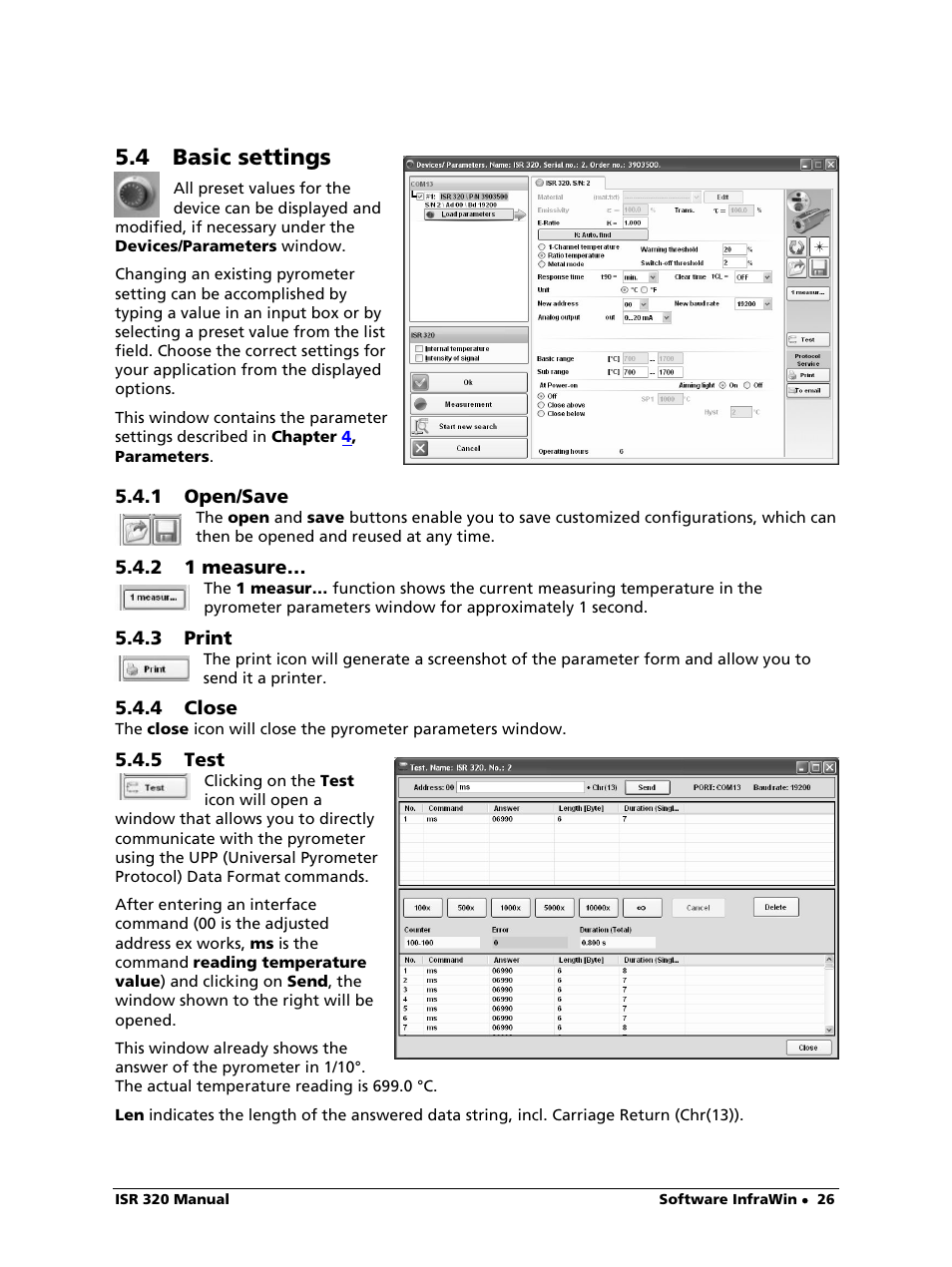 4 basic settings, 1 open/save, 2 1 measure | 3 print, 4 close, 5 test, Close | LumaSense Technologies ISR 320 User Manual | Page 26 / 46