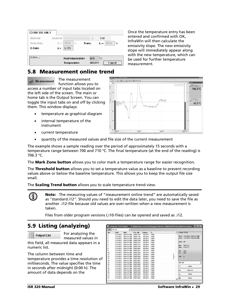 8 measurement online trend, 9 listing (analyzing) | LumaSense Technologies ISR 320 User Manual | Page 29 / 46