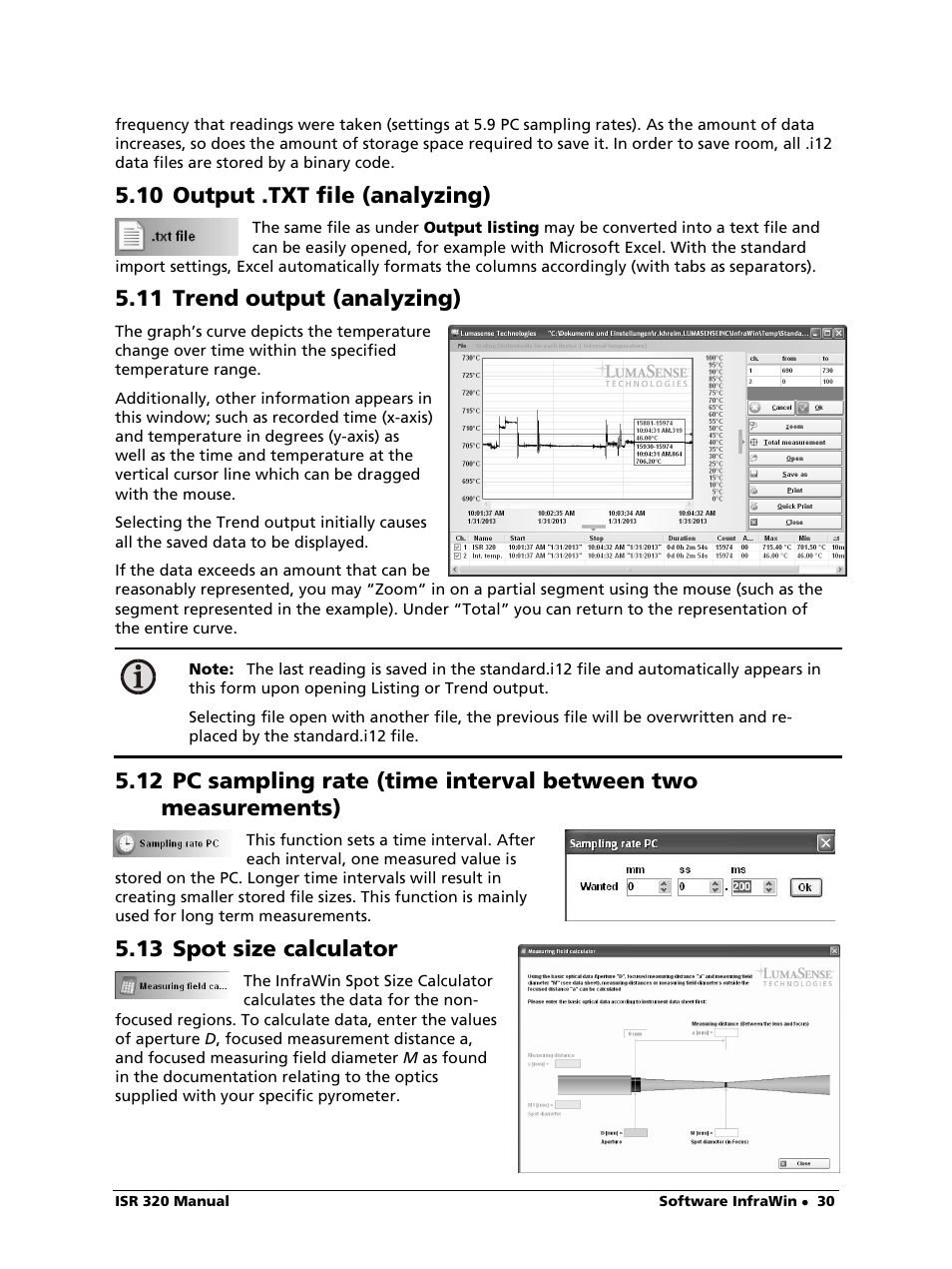 10 output .txt file (analyzing), 11 trend output (analyzing), 13 spot size calculator | LumaSense Technologies ISR 320 User Manual | Page 30 / 46