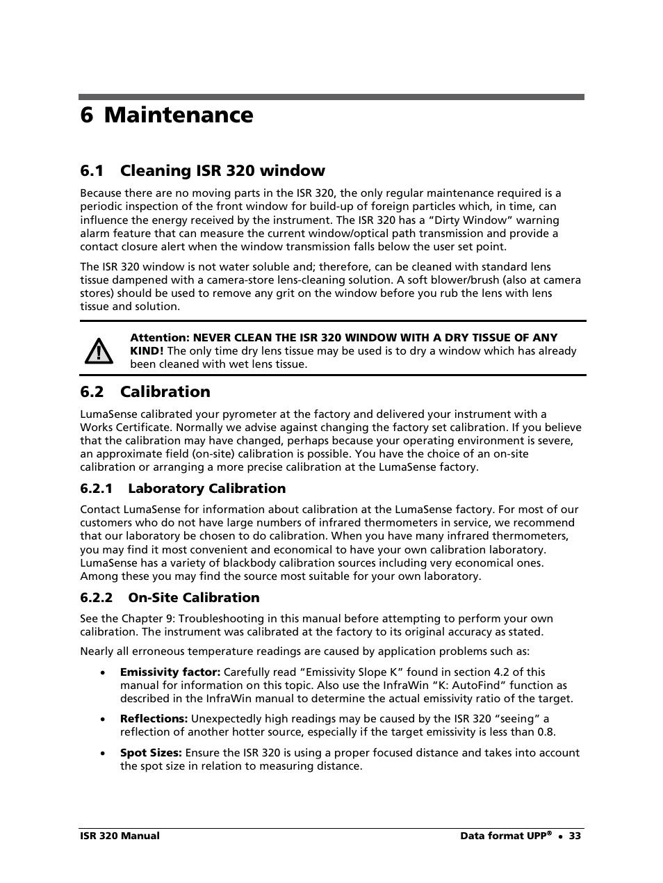 6 maintenance, 1 cleaning isr 320 window, 2 calibration | 1 laboratory calibration, 2 on-site calibration | LumaSense Technologies ISR 320 User Manual | Page 33 / 46