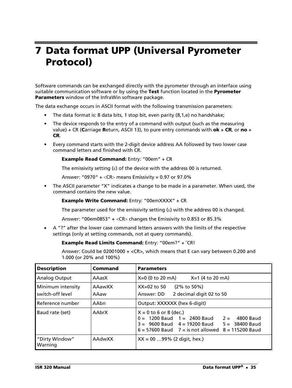 7 data format upp (universal pyrometer protocol) | LumaSense Technologies ISR 320 User Manual | Page 35 / 46