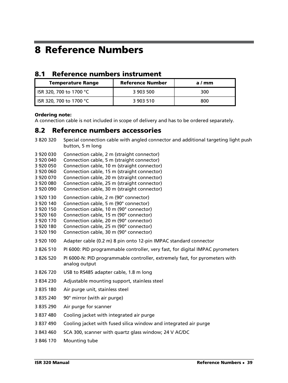 8 reference numbers, 1 reference numbers instrument, 2 reference numbers accessories | LumaSense Technologies ISR 320 User Manual | Page 39 / 46