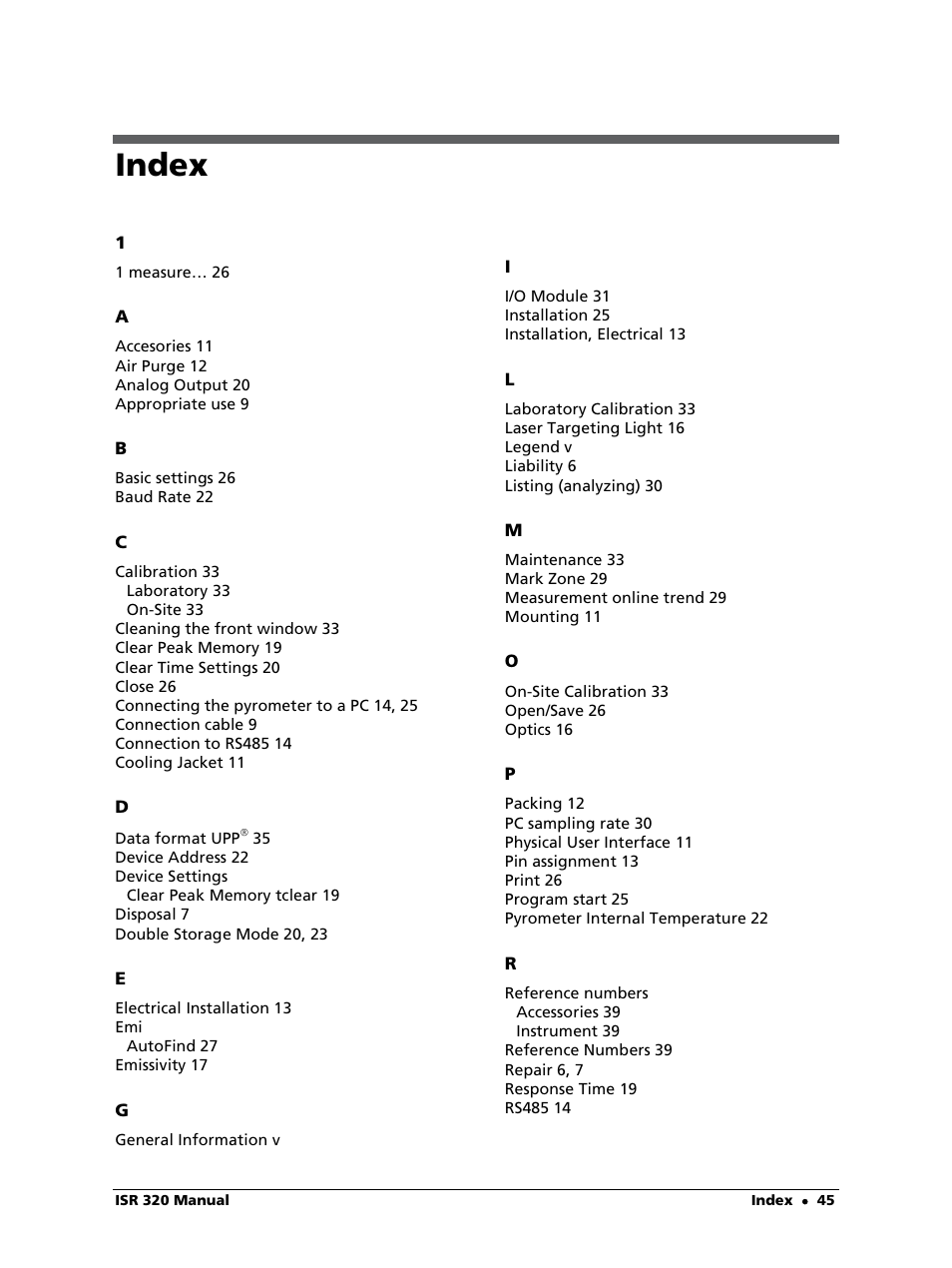 Index | LumaSense Technologies ISR 320 User Manual | Page 45 / 46