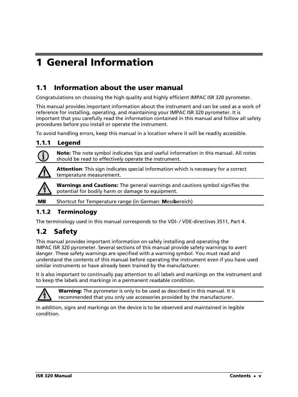 1 general information, 1 information about the user manual, 1 legend | 2 terminology, 2 safety, 3 limit of liability and warranty | LumaSense Technologies ISR 320 User Manual | Page 5 / 46