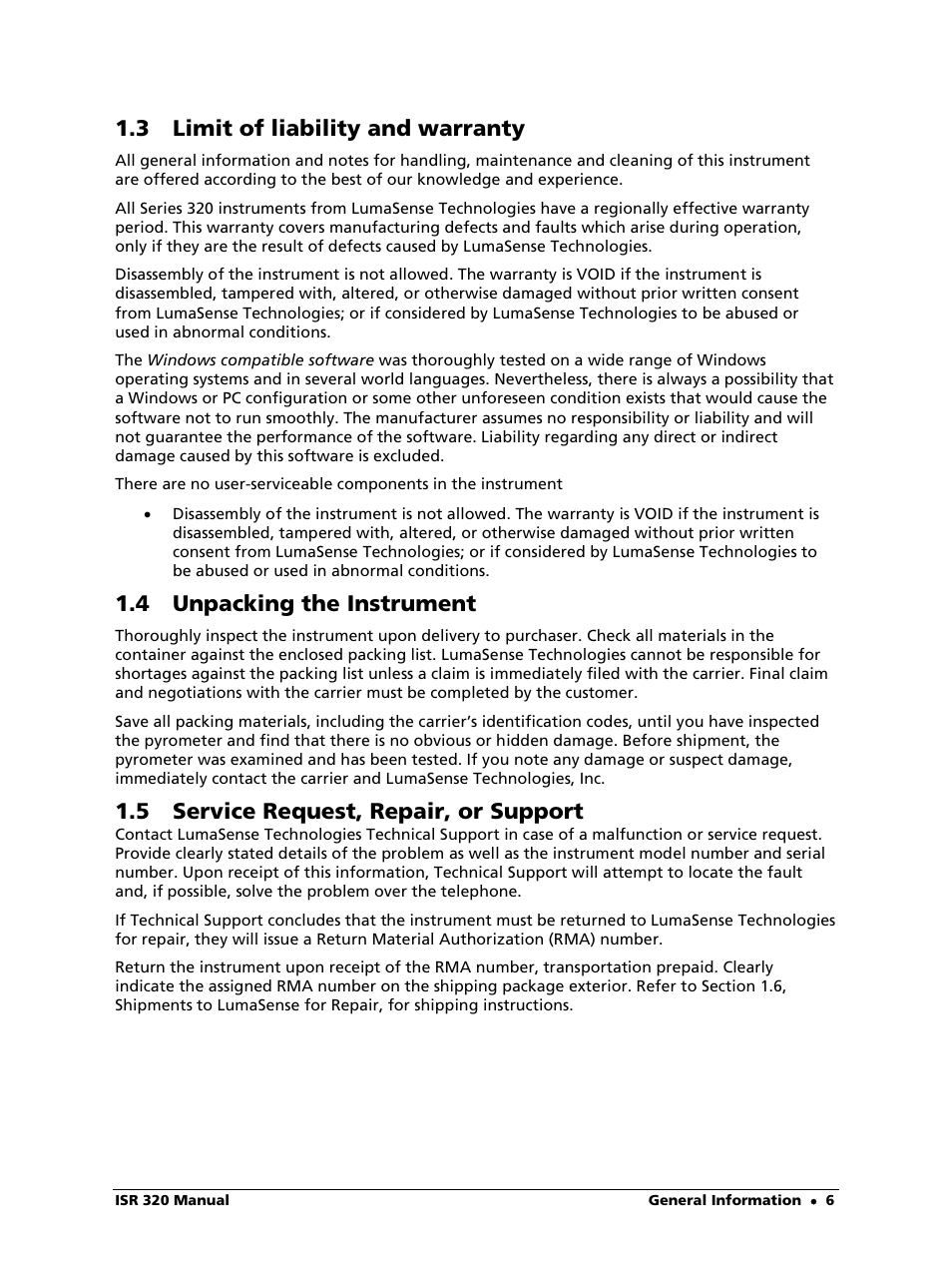 4 unpacking the instrument, 5 service request, repair, or support, 3 limit of liability and warranty | LumaSense Technologies ISR 320 User Manual | Page 6 / 46