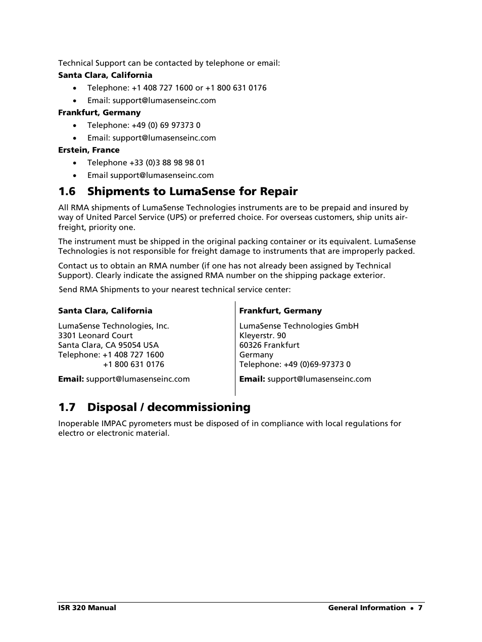 6 shipments to lumasense for repair, 7 disposal / decommissioning | LumaSense Technologies ISR 320 User Manual | Page 7 / 46