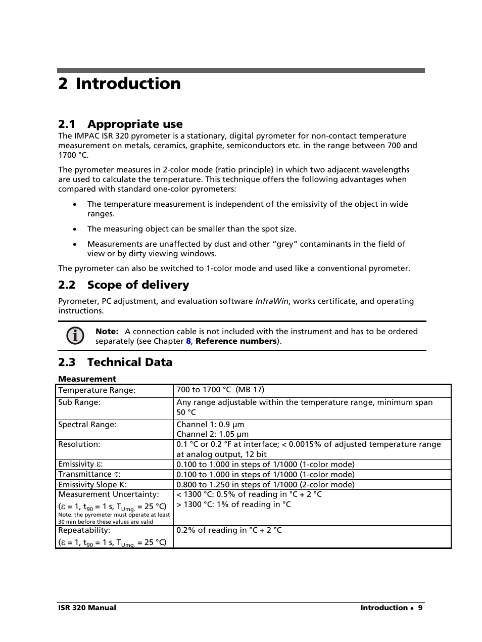 2 introduction, 1 appropriate use, 2 scope of delivery | 3 technical data | LumaSense Technologies ISR 320 User Manual | Page 9 / 46