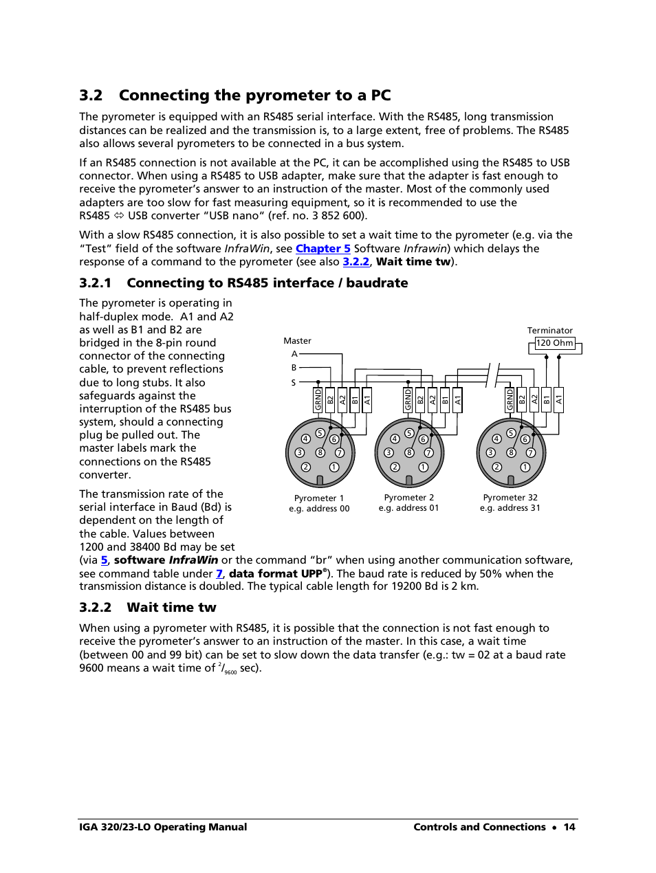 2 connecting the pyrometer to a pc, 1 connecting to rs485 interface / baudrate, 2 wait time tw | Sec) | LumaSense Technologies IGA 320/23-LO User Manual | Page 14 / 44