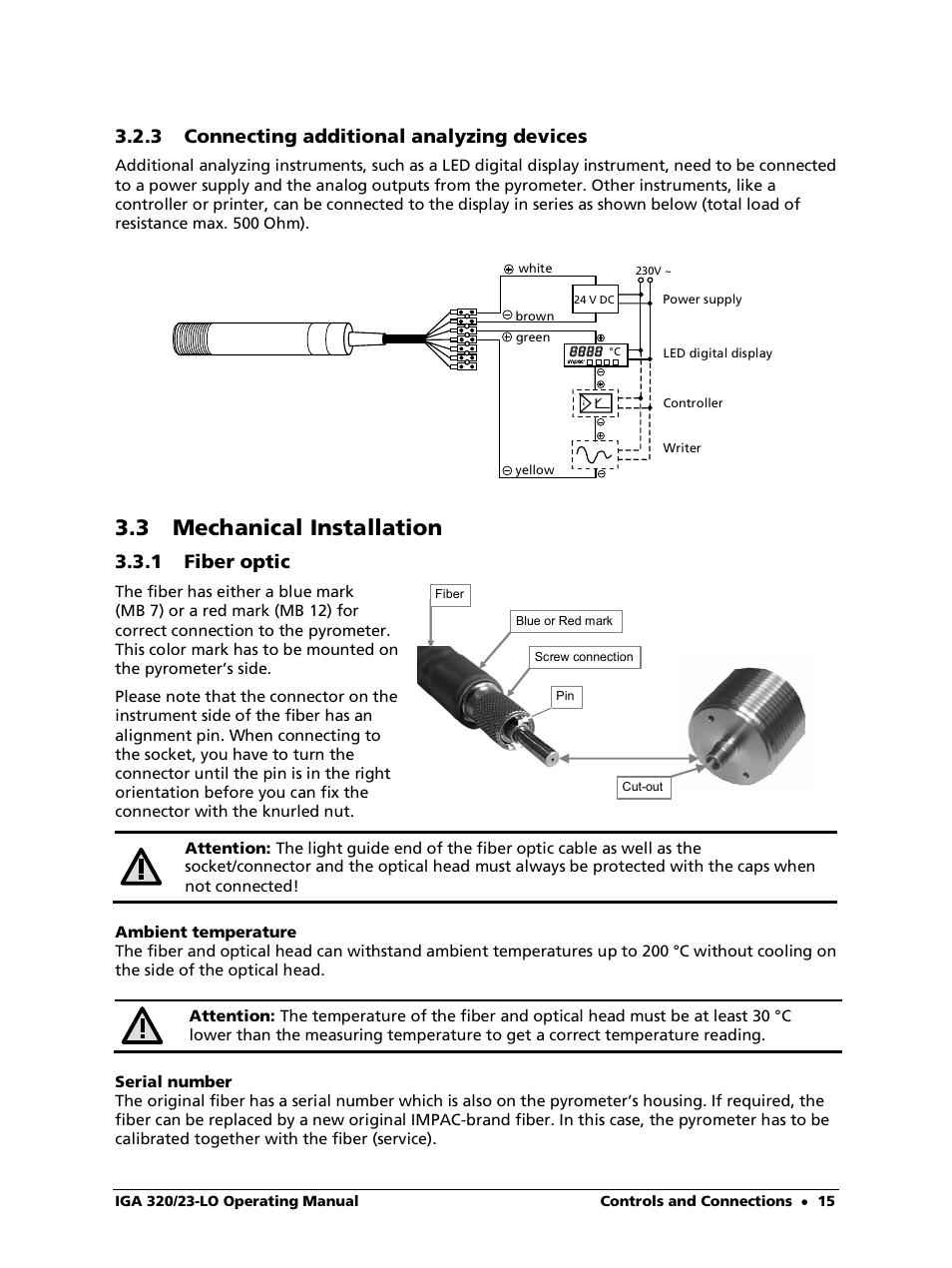 3 connecting additional analyzing devices, 3 mechanical installation, 1 fiber optic | LumaSense Technologies IGA 320/23-LO User Manual | Page 15 / 44