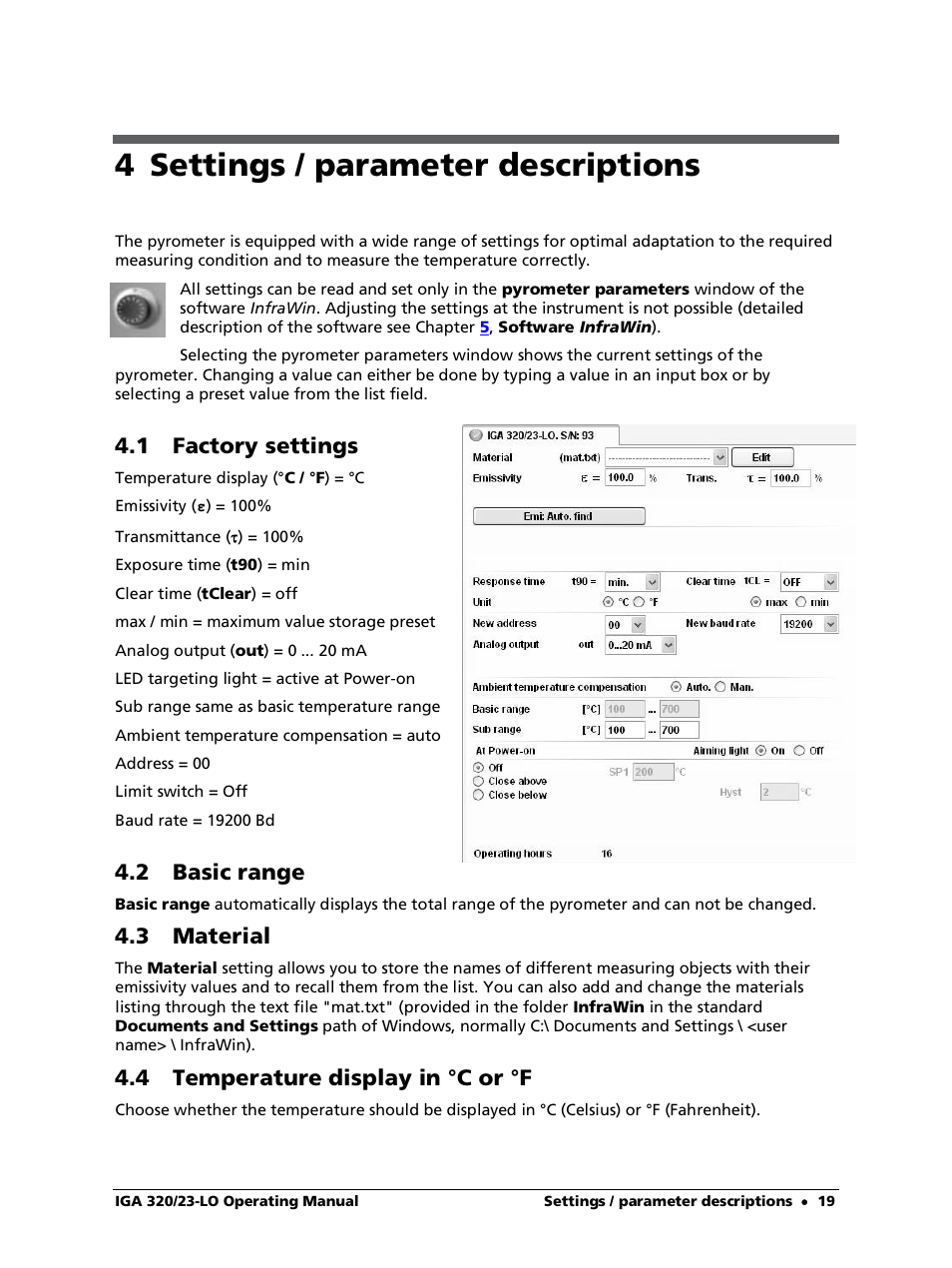 4 settings / parameter descriptions, 1 factory settings, 2 basic range | 3 material, 4 temperature display in °c or °f | LumaSense Technologies IGA 320/23-LO User Manual | Page 19 / 44