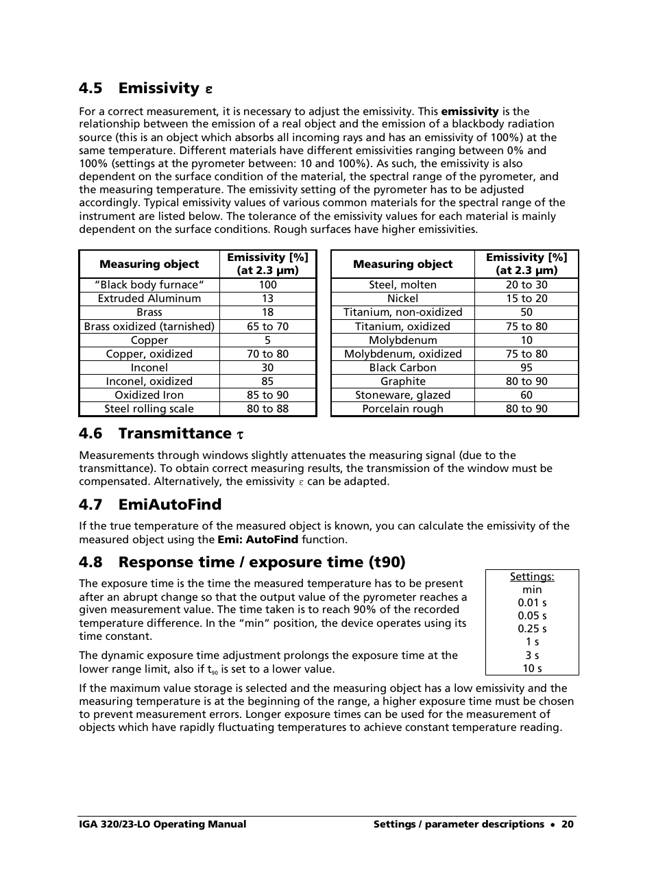 5 emissivity ε, 6 transmittance, 7 emiautofind | 8 response time / exposure time (t90), 5 emissivity | LumaSense Technologies IGA 320/23-LO User Manual | Page 20 / 44
