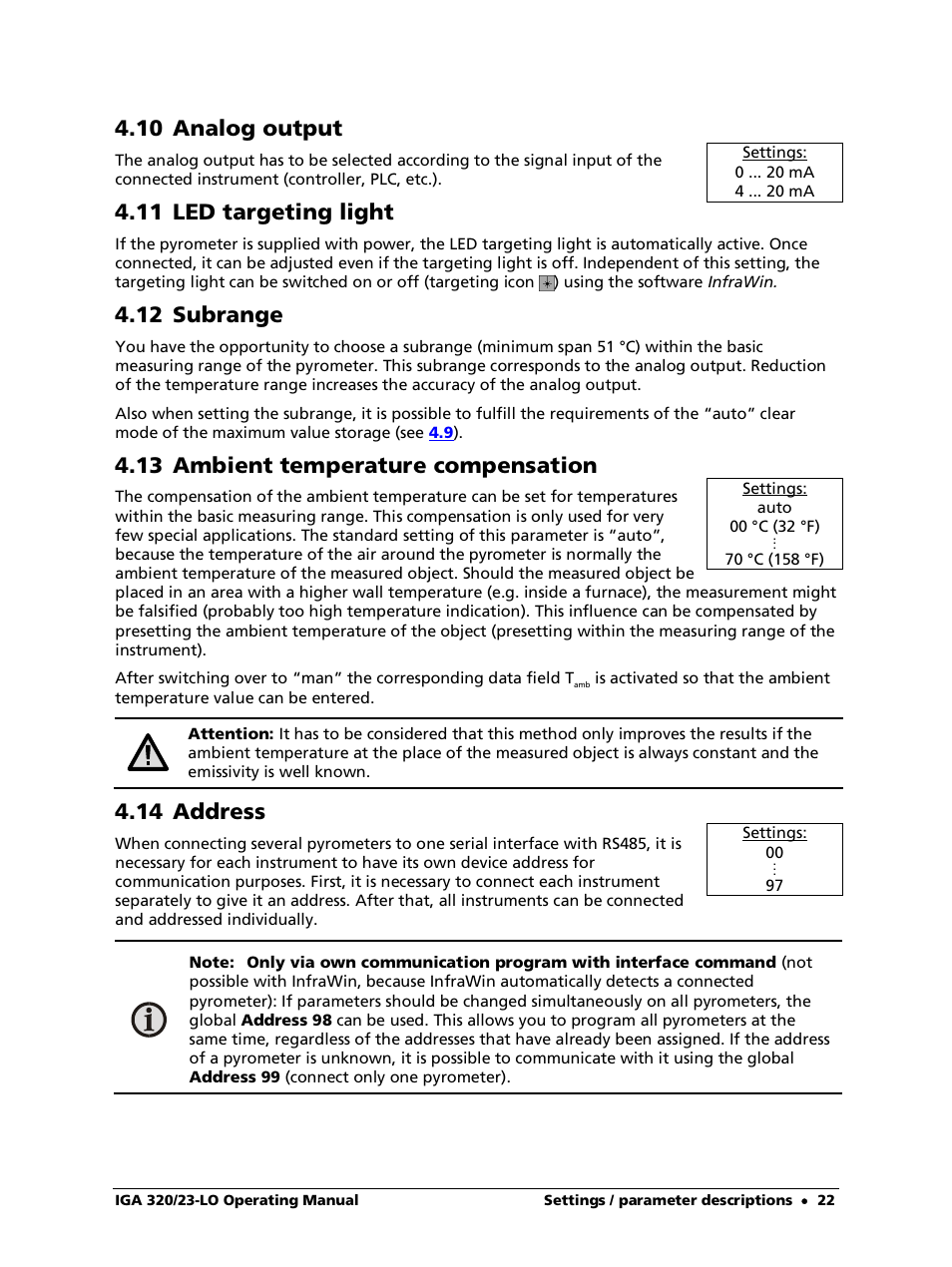 10 analog output, 11 led targeting light, 12 subrange | 13 ambient temperature compensation, 14 address | LumaSense Technologies IGA 320/23-LO User Manual | Page 22 / 44