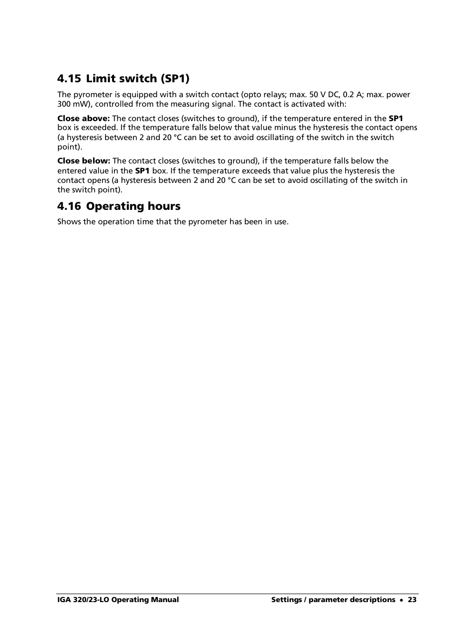 15 limit switch (sp1), 16 operating hours | LumaSense Technologies IGA 320/23-LO User Manual | Page 23 / 44