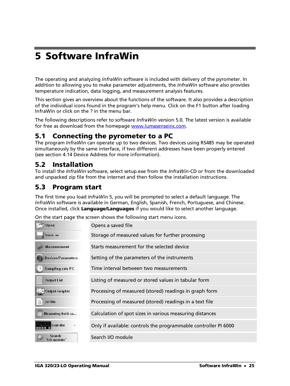 5 software infrawin, 1 connecting the pyrometer to a pc, 2 installation | 3 program start, Chapter 5 | LumaSense Technologies IGA 320/23-LO User Manual | Page 25 / 44