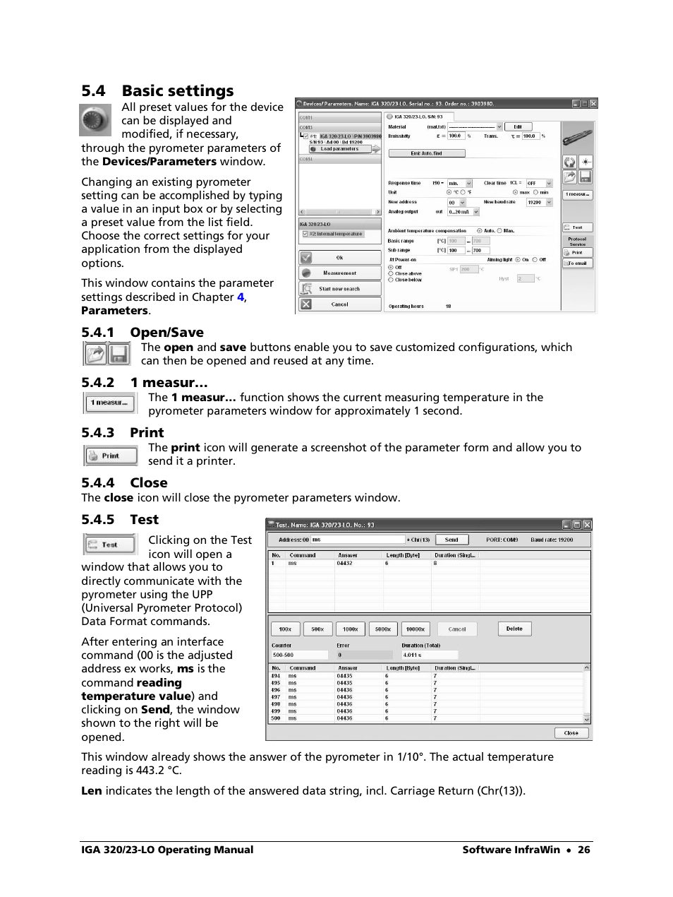4 basic settings, 1 open/save, 2 1 measur | 3 print, 4 close, 5 test | LumaSense Technologies IGA 320/23-LO User Manual | Page 26 / 44