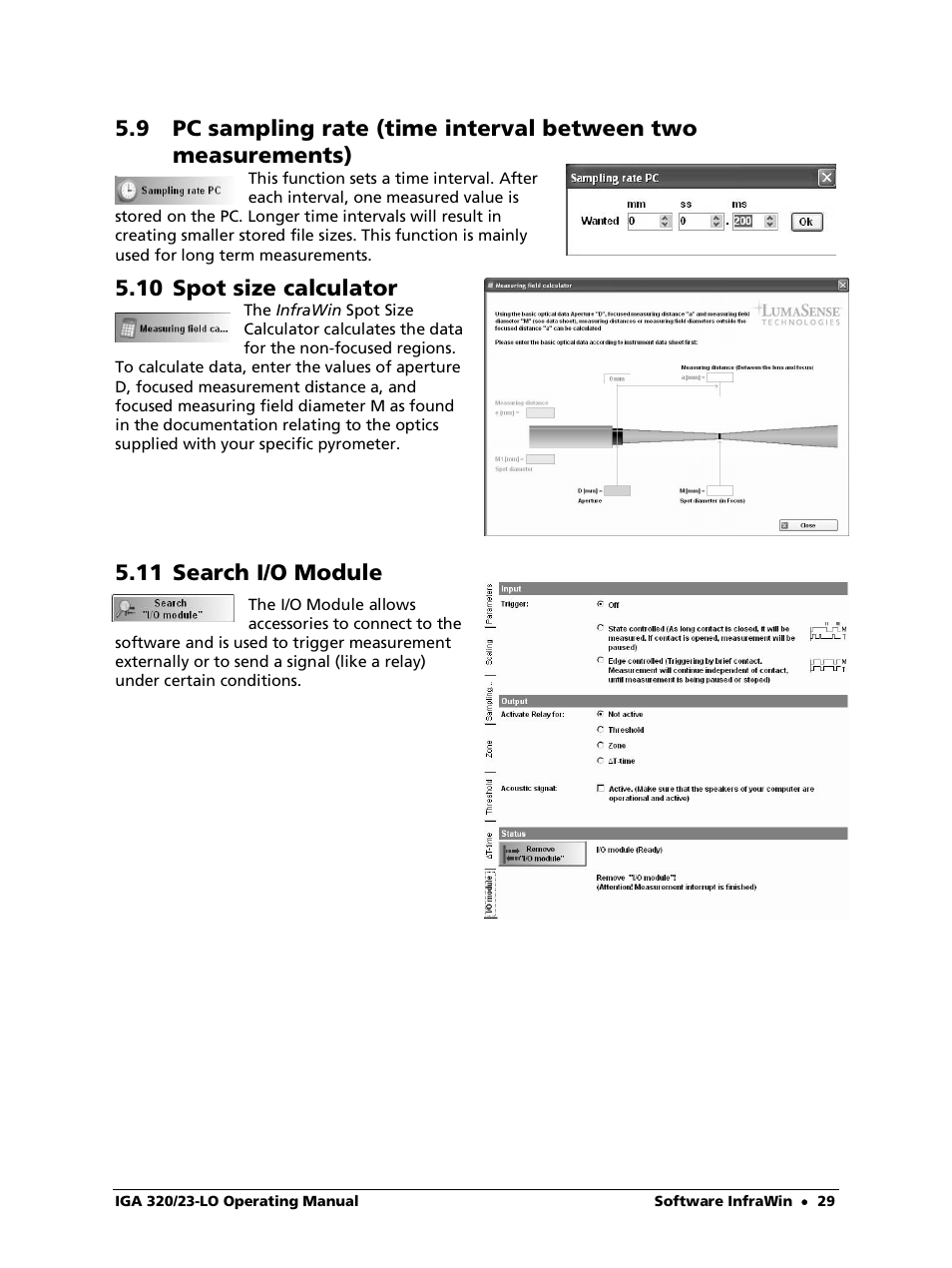 10 spot size calculator, 11 search i/o module | LumaSense Technologies IGA 320/23-LO User Manual | Page 29 / 44