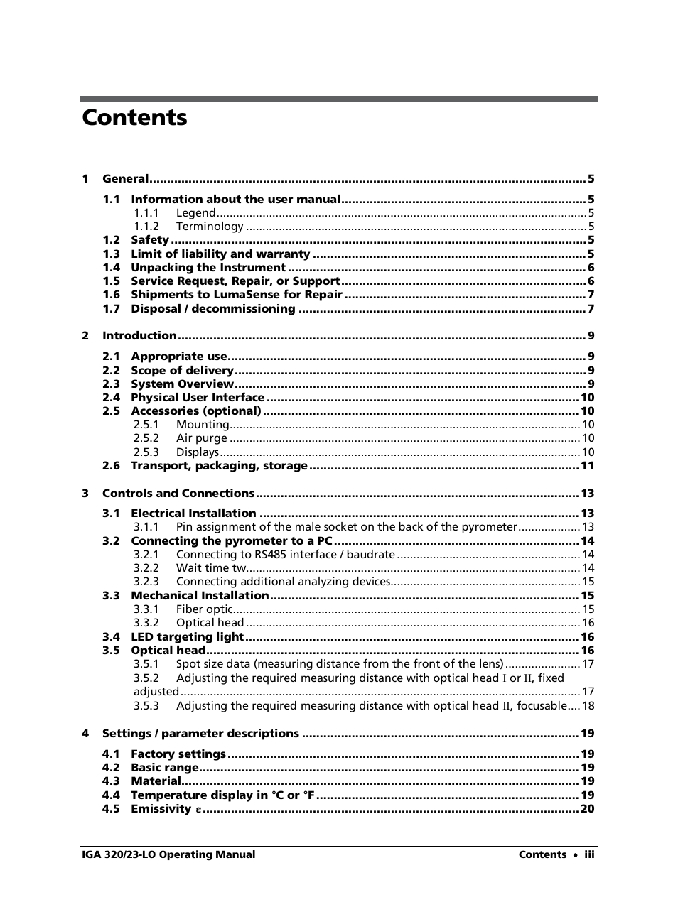 LumaSense Technologies IGA 320/23-LO User Manual | Page 3 / 44