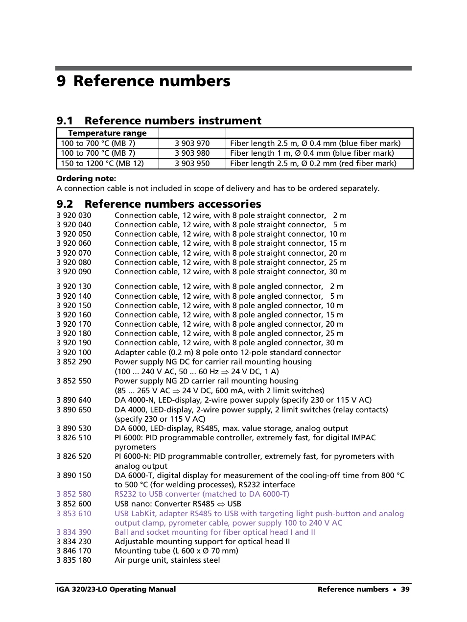9 reference numbers, 1 reference numbers instrument, 2 reference numbers accessories | LumaSense Technologies IGA 320/23-LO User Manual | Page 39 / 44