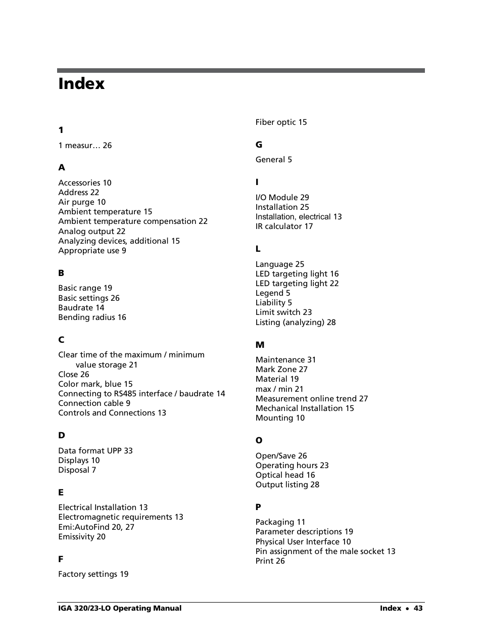 Index | LumaSense Technologies IGA 320/23-LO User Manual | Page 43 / 44
