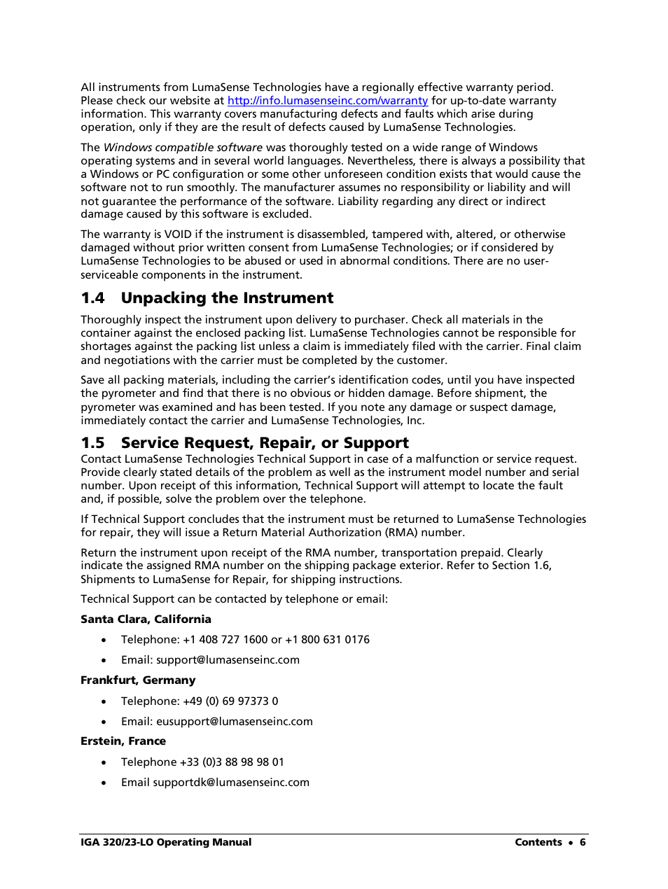 4 unpacking the instrument, 5 service request, repair, or support | LumaSense Technologies IGA 320/23-LO User Manual | Page 6 / 44