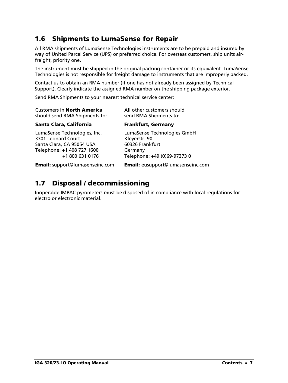 6 shipments to lumasense for repair, 7 disposal / decommissioning | LumaSense Technologies IGA 320/23-LO User Manual | Page 7 / 44