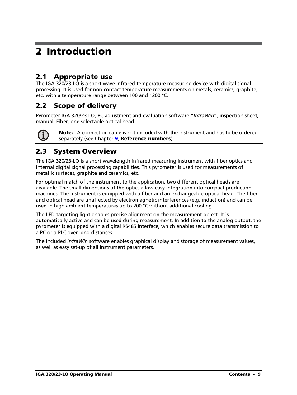 2 introduction, 1 appropriate use, 2 scope of delivery | 3 system overview | LumaSense Technologies IGA 320/23-LO User Manual | Page 9 / 44