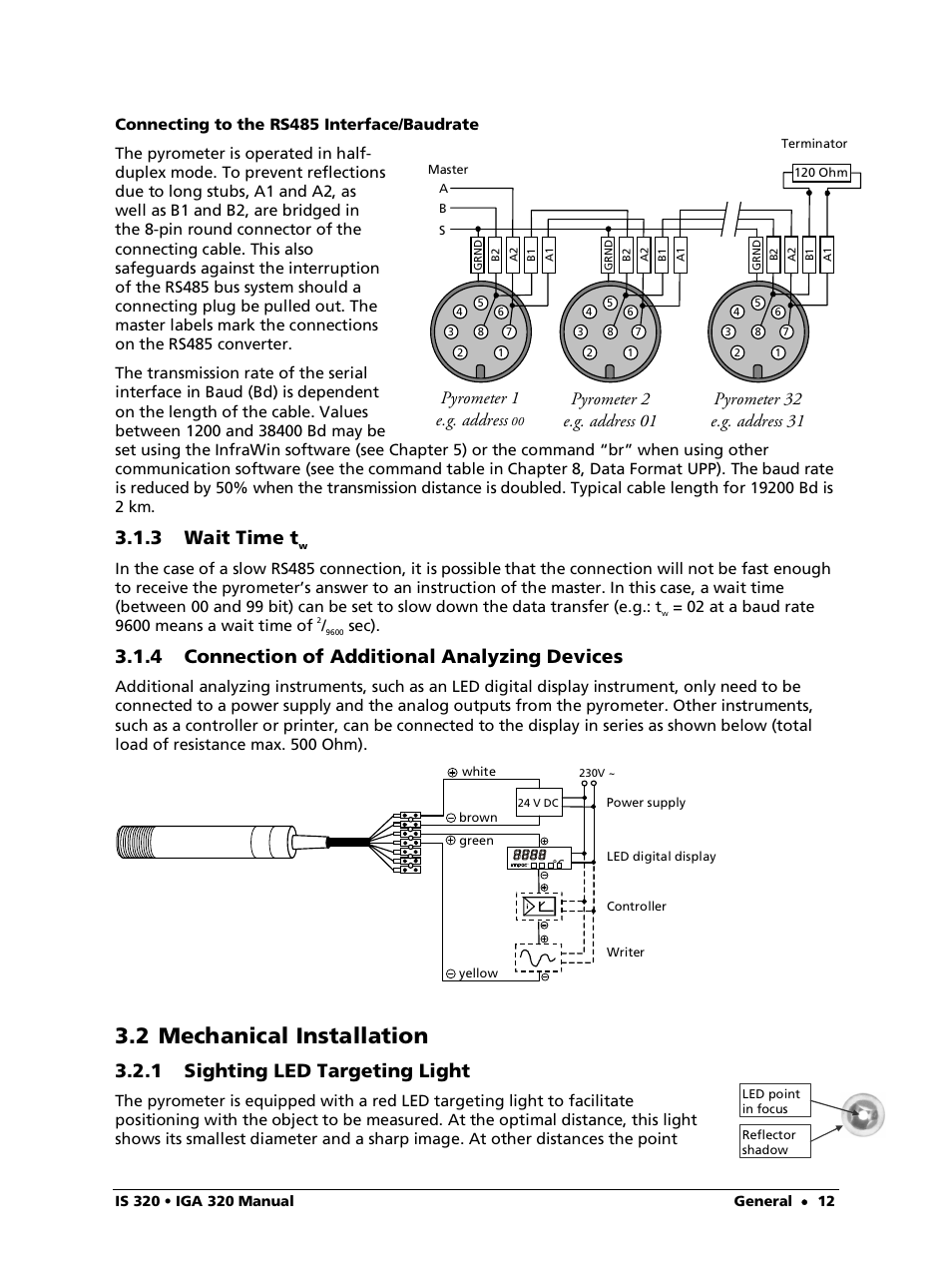 Connecting to the rs485 interface/baudrate, 3 wait time tw, 4 connection of additional analyzing devices | 2 mechanical installation, 1 sighting led targeting light, 3 wait time t, Pyrometer 1 e.g. address, Sec) | LumaSense Technologies IS 320 User Manual | Page 12 / 34