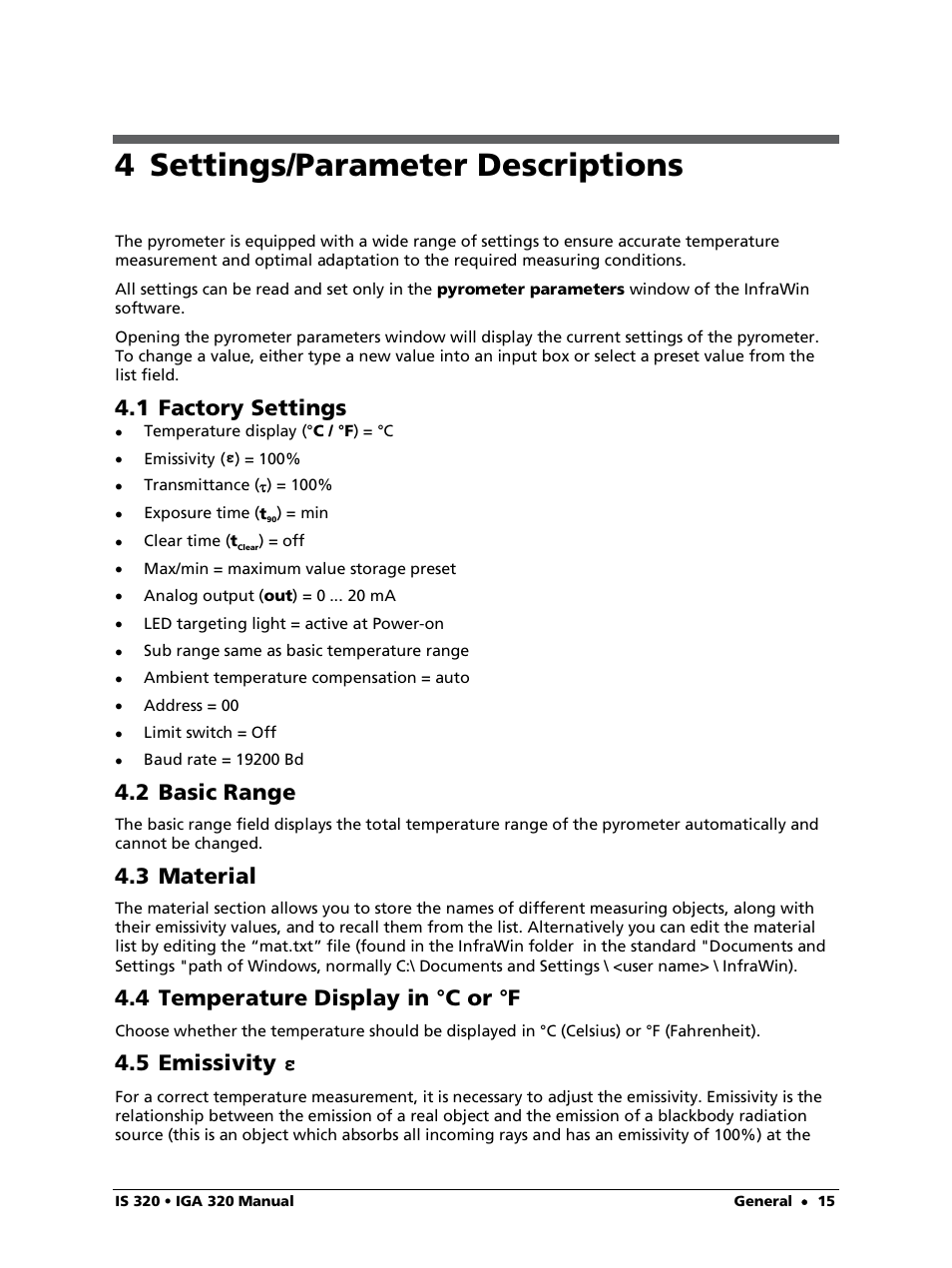 4 settings/parameter descriptions, 1 factory settings, 2 basic range | 3 material, 4 temperature display in °c or °f, 5 emissivity ε, 5 emissivity | LumaSense Technologies IS 320 User Manual | Page 15 / 34