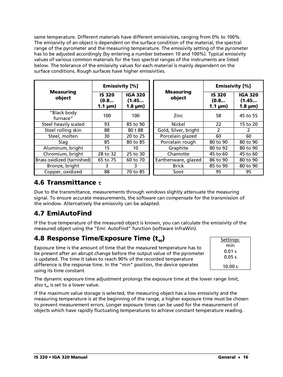 6 transmittance, 7 emiautofind, 8 response time/exposure time (t90) | 8 response time/exposure time (t | LumaSense Technologies IS 320 User Manual | Page 16 / 34