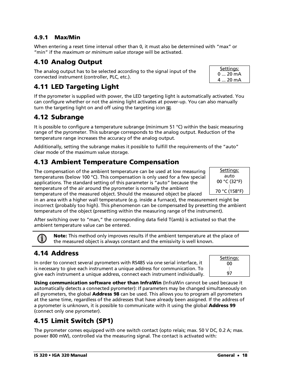 1 max/min, 10 analog output, 11 led targeting light | 12 subrange, 13 ambient temperature compensation, 14 address, 15 limit switch (sp1) | LumaSense Technologies IS 320 User Manual | Page 18 / 34