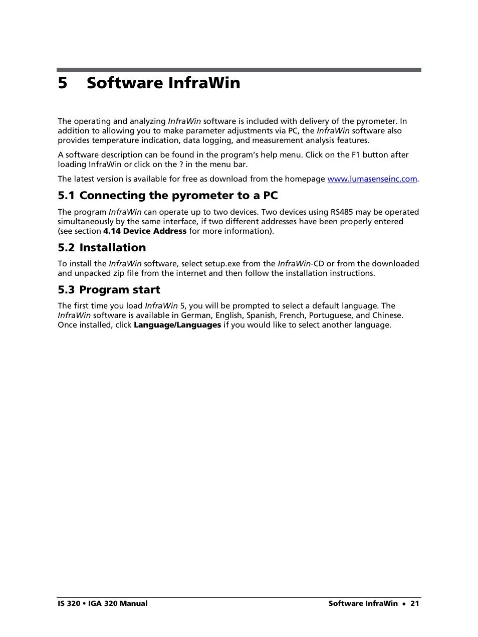 5 software infrawin, 1 connecting the pyrometer to a pc, 2 installation | 3 program start | LumaSense Technologies IS 320 User Manual | Page 21 / 34
