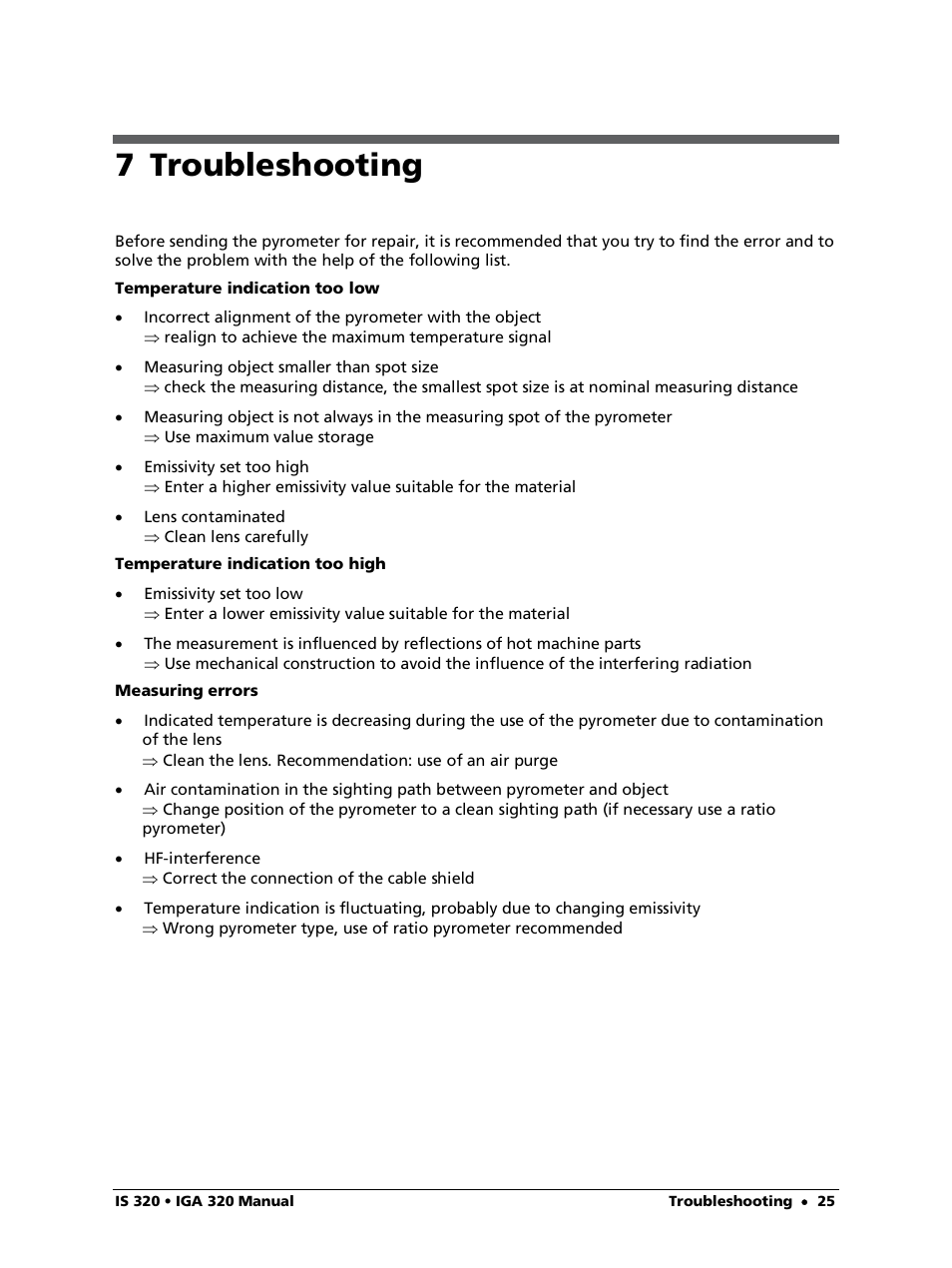 7 troubleshooting | LumaSense Technologies IS 320 User Manual | Page 25 / 34