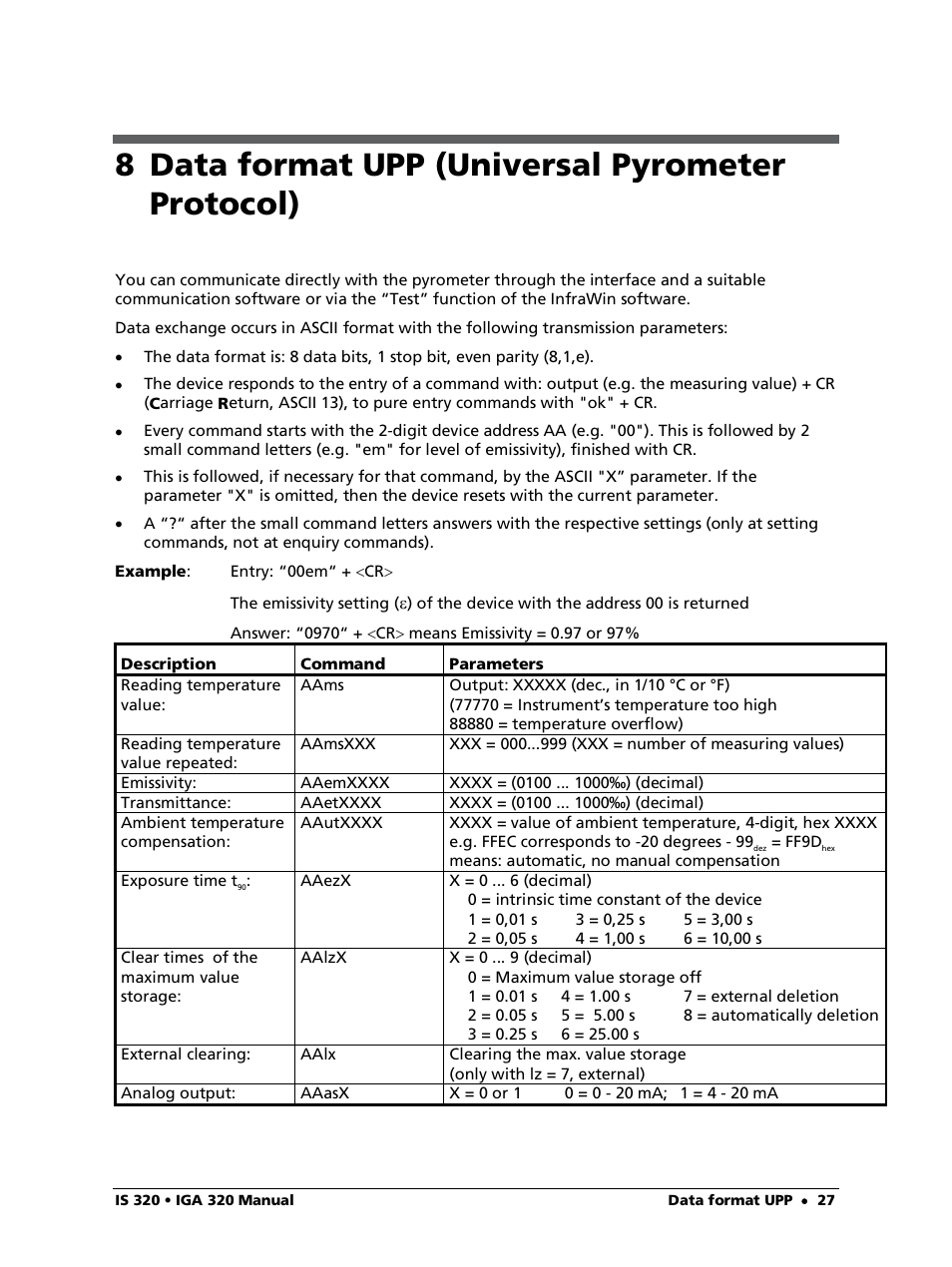 8 data format upp (universal pyrometer protocol) | LumaSense Technologies IS 320 User Manual | Page 27 / 34