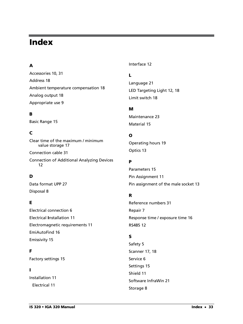 Index | LumaSense Technologies IS 320 User Manual | Page 33 / 34