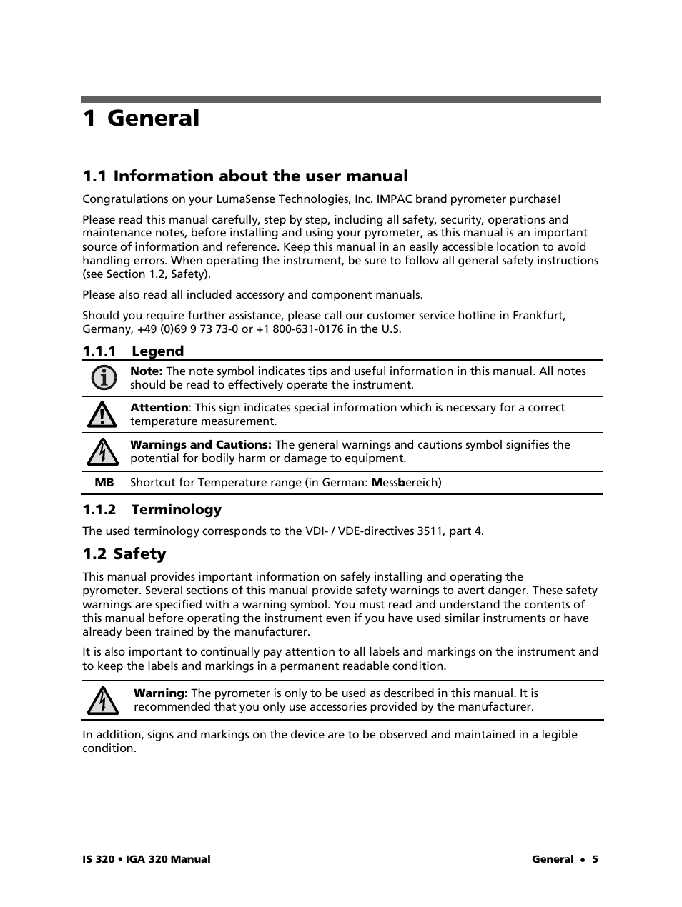 1 general, 1 information about the user manual, 1 legend | 2 terminology, 2 safety | LumaSense Technologies IS 320 User Manual | Page 5 / 34