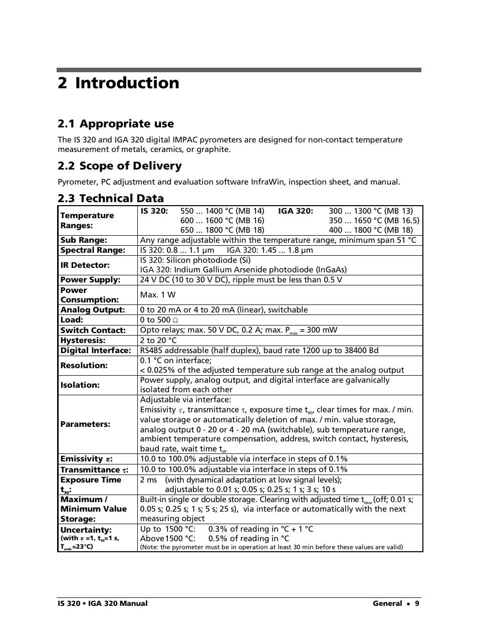 2 introduction, 1 appropriate use, 2 scope of delivery | 3 technical data | LumaSense Technologies IS 320 User Manual | Page 9 / 34