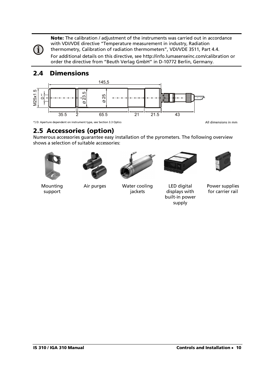 4 dimensions, 5 accessories (option) | LumaSense Technologies IS 310 User Manual | Page 10 / 21