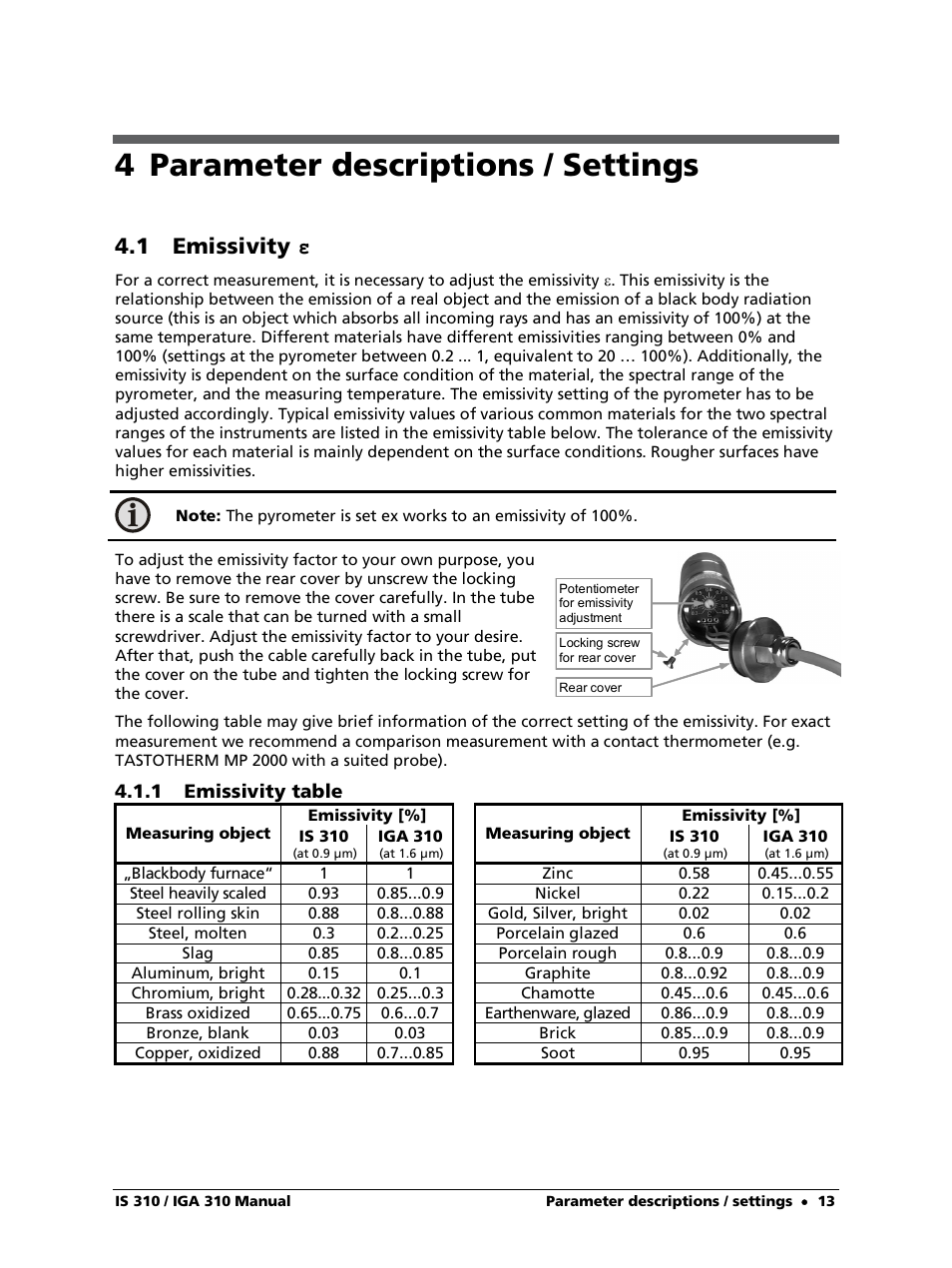 4 parameter descriptions / settings, 1 emissivity ε, 1 emissivity table | 1 emissivity | LumaSense Technologies IS 310 User Manual | Page 13 / 21