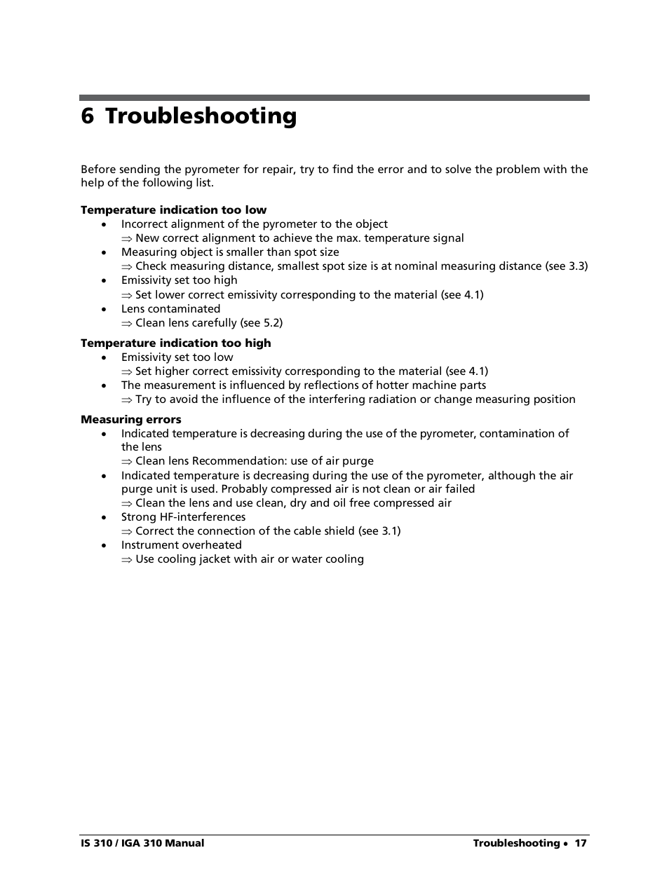 6 troubleshooting | LumaSense Technologies IS 310 User Manual | Page 17 / 21