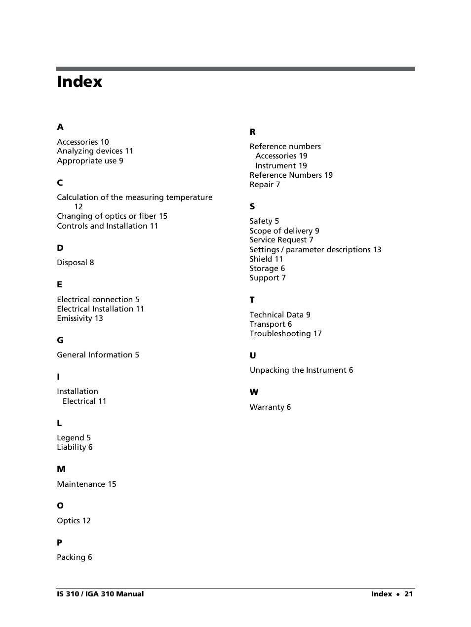 Index | LumaSense Technologies IS 310 User Manual | Page 21 / 21