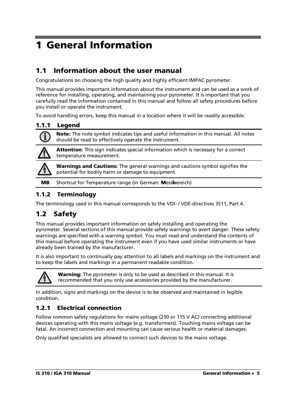 1 general information, 1 information about the user manual, 1 legend | 2 terminology, 2 safety, 1 electrical connection | LumaSense Technologies IS 310 User Manual | Page 5 / 21