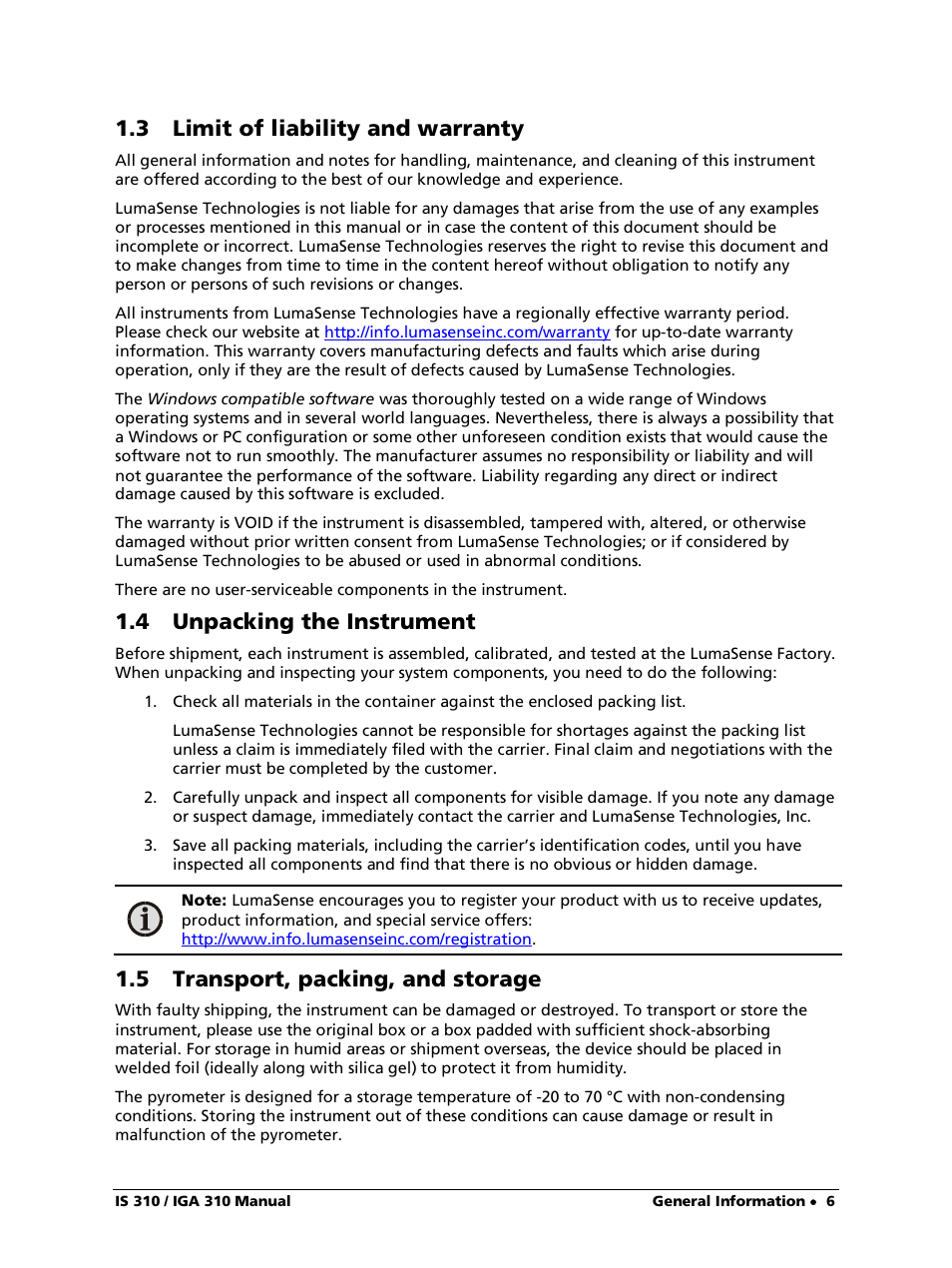 3 limit of liability and warranty, 4 unpacking the instrument, 5 transport, packing, and storage | LumaSense Technologies IS 310 User Manual | Page 6 / 21