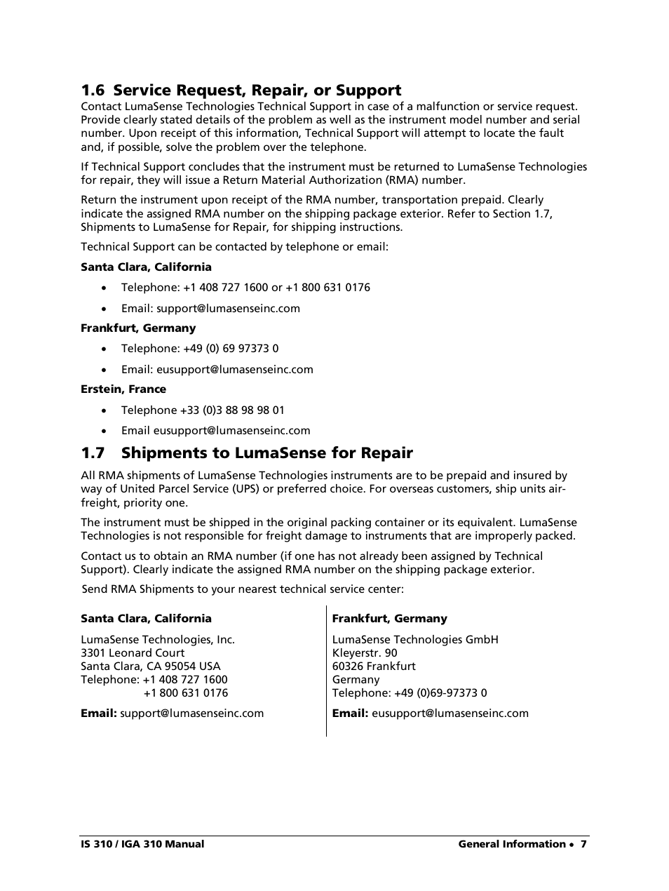 6 service request, repair, or support, 7 shipments to lumasense for repair | LumaSense Technologies IS 310 User Manual | Page 7 / 21