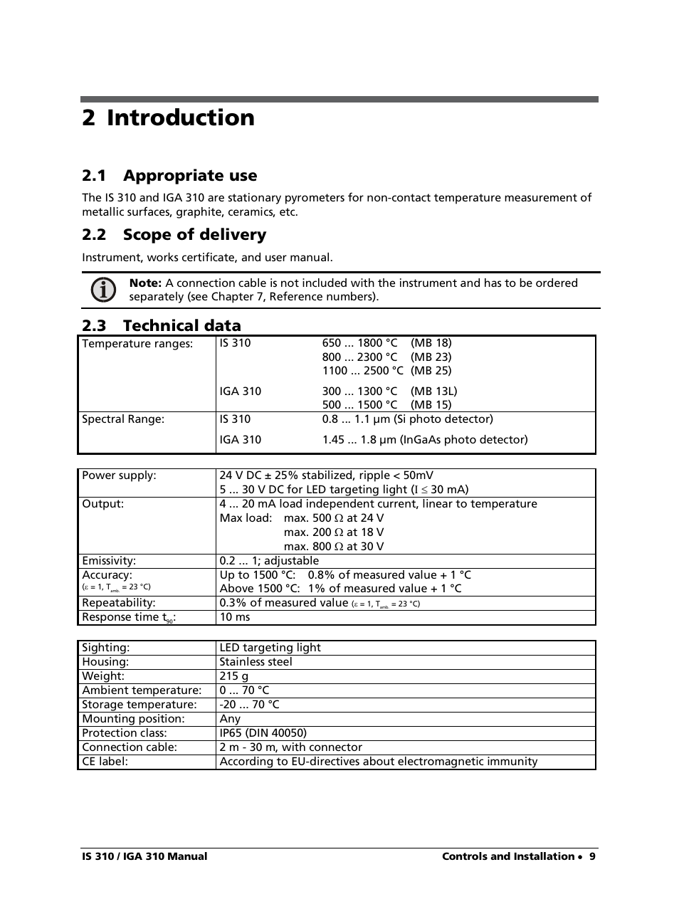 2 introduction, 1 appropriate use, 2 scope of delivery | 3 technical data | LumaSense Technologies IS 310 User Manual | Page 9 / 21