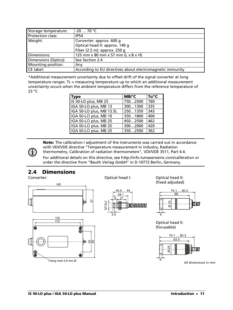 4 dimensions | LumaSense Technologies IS 50-LO plus User Manual | Page 11 / 36
