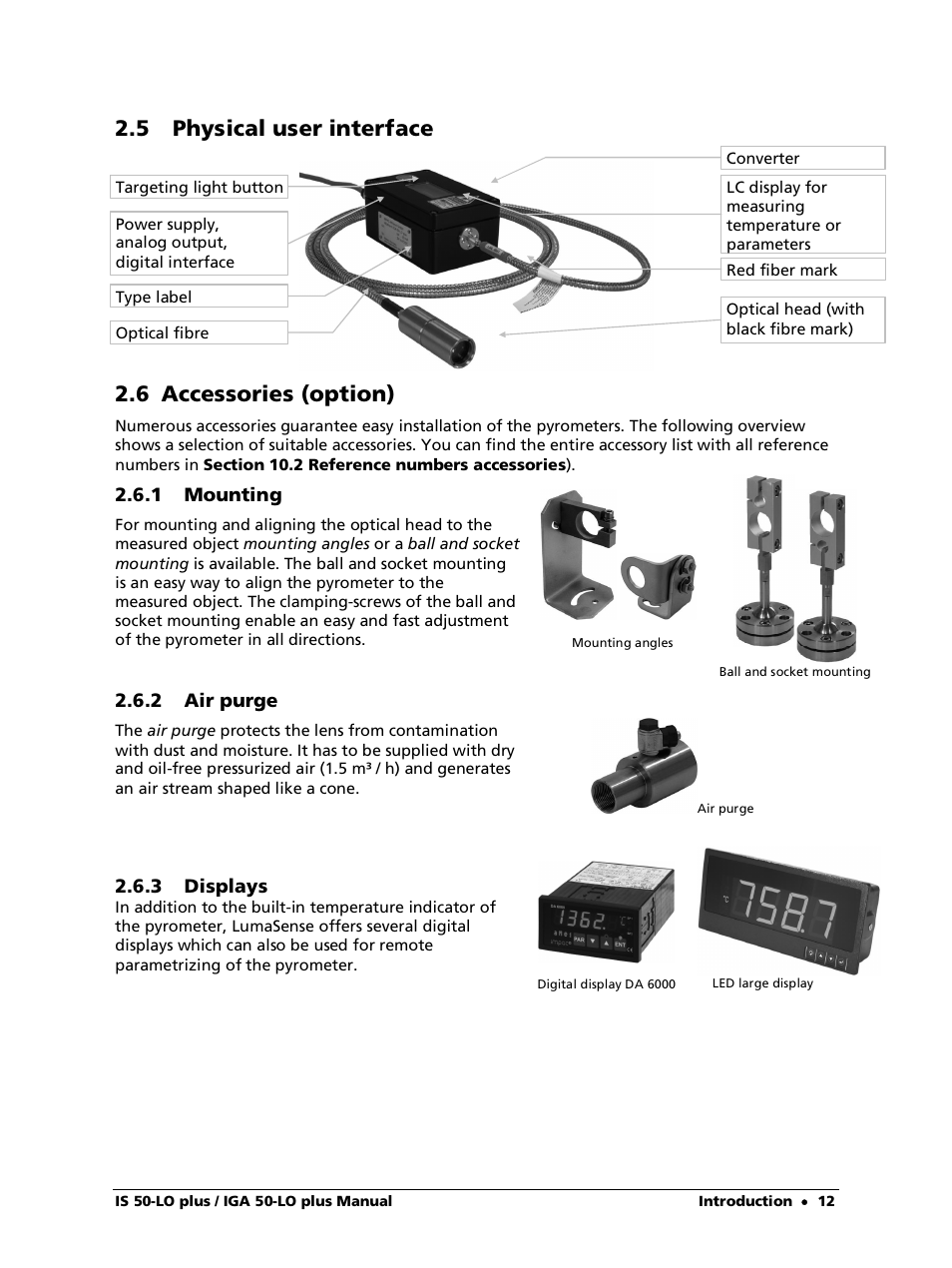 5 physical user interface, 6 accessories (option), 1 mounting | 2 air purge, 3 displays, 5 physical user interface 2.6 accessories (option) | LumaSense Technologies IS 50-LO plus User Manual | Page 12 / 36