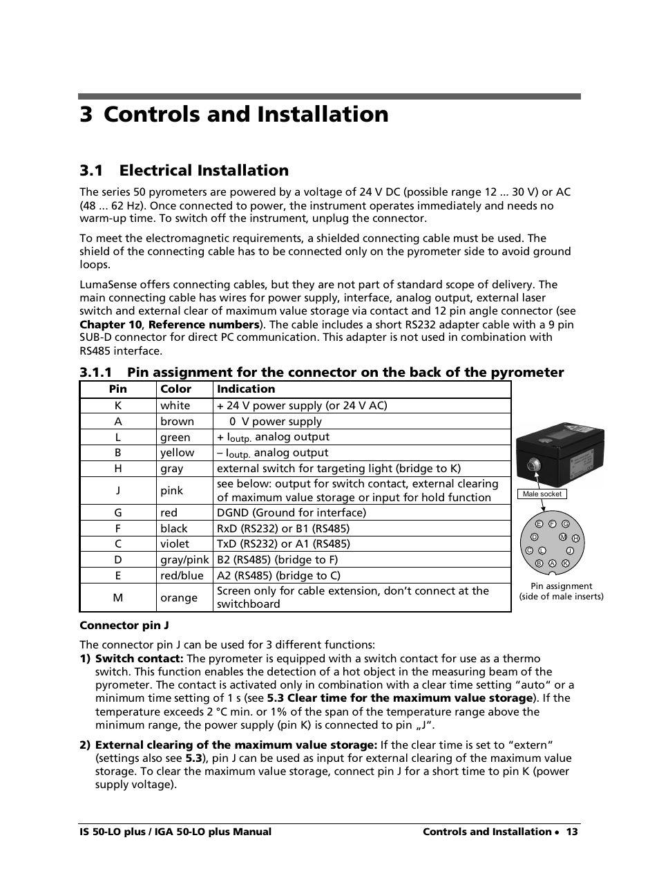 3 controls and installation, 1 electrical installation, Connector pin j | LumaSense Technologies IS 50-LO plus User Manual | Page 13 / 36