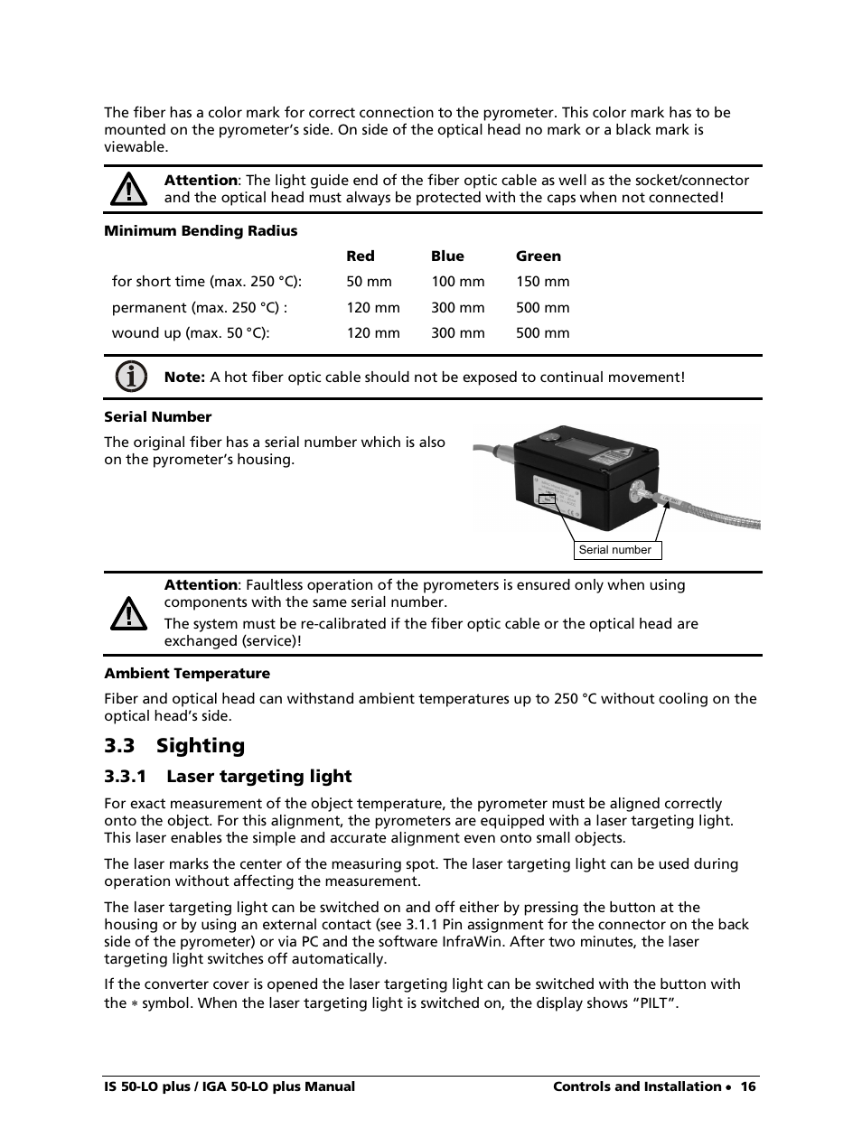 Minimum bending radius, Serial number, Ambient temperature | 3 sighting, 1 laser targeting light | LumaSense Technologies IS 50-LO plus User Manual | Page 16 / 36